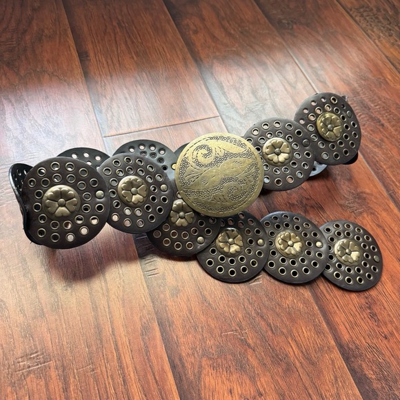 Women's Brown Concho Belt Brass Disc Buckle Coachella Festival Fit Western Boho - Picture 9 of 16